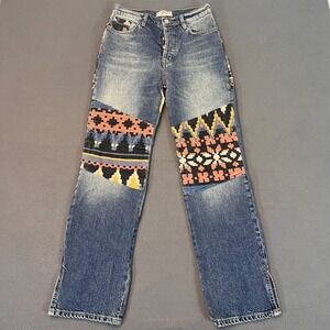 Free People Jeans Size 25 Rocky Mountain Straight Leg Alpine Blue Patchwork Boho